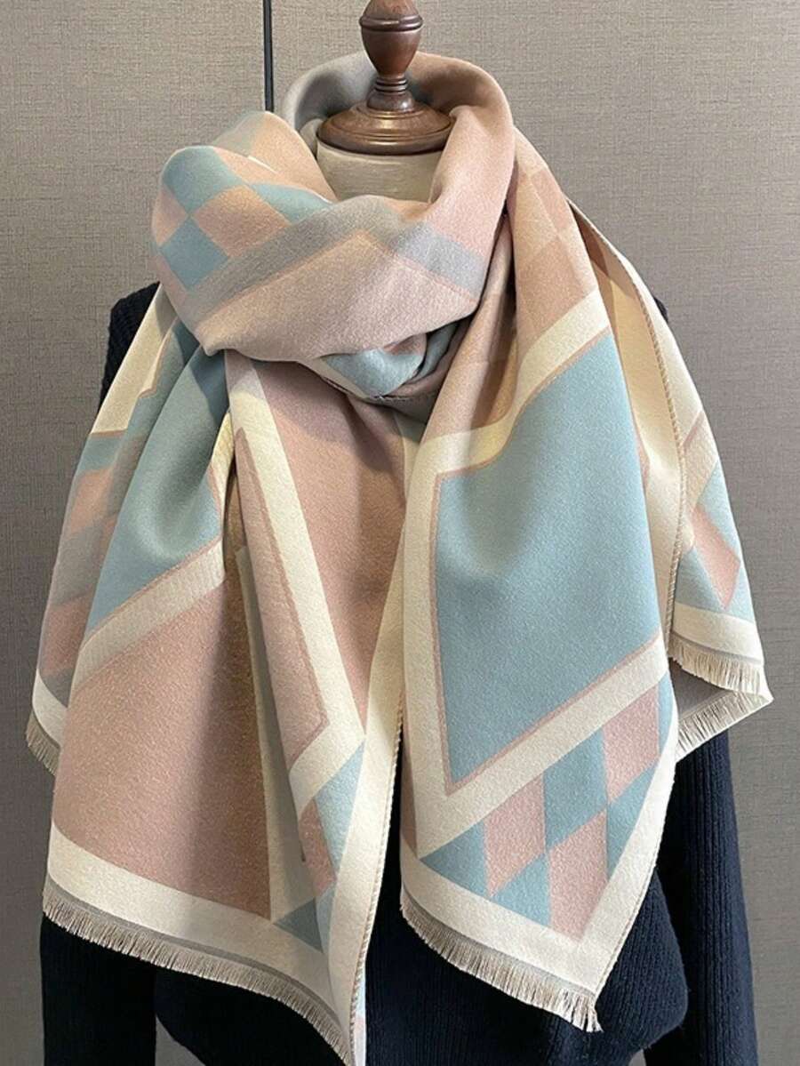 1 件女士几何提花仿羊绒披肩，时尚百搭，厚实温暖，适合秋冬日常使用