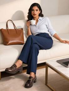 Women Flats Thick Sole Loafers Slip-On Round Toe British Style Casual Loafers For Daily Street, Commuting, Retro Chunky Shoes - Brown - View 3