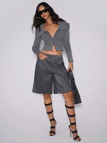 TypaGal Women's Striped Pocket Gray Woven Bermuda Shorts Fall Autumn Winter Casual Sporty Chic Modern Going Out Strip Pattern Pockets - Grey - View 1