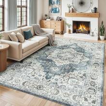 Washable Area Rug 5x7 - Soft Faux-Wool Area Rug Living Room Bedroom, Boho Vintage Floral Medallion Non-Slip Low Pile, Pet Friendly, Blue White - 藍灰色/米色 - 查看 8