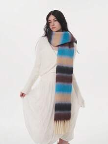 1 szt. Damski szalik w paski z łatkami, elegancki i uroczy, wykonany z włókna poliestrowego, uniwersalny, ciepły i gruby, idealny na jesień i zimę, odpowiedni do noszenia wewnątrz i na zewnątrz
