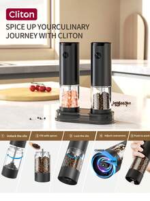 CLITON 1pc Stainless Steel Electric Salt And Pepper Grinder, Available In Black Or Silver, Single Unit Or Gift Box Set With Storage Base, Ideal Holiday Gift For Christmas, New Year, Valentine's Day, Kitchen, Camping, Easy Grinding With LED Light - Multicolor - View 5