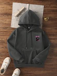 Sudadera con capucha de ajuste holgado con estampado gráfico y forro térmico para mujer, de moda y casual, para invierno