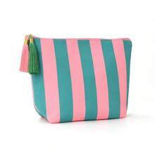 1 Piece Of Black And White Vertical Striped Canvas Cosmetic Bag, Contrasting Zipper Tassel Decorative Toiletry Bag, Simple Style Storage Bag, Suitable For Travel And Daily Skin Care Organization Make Up Bag - Multicolor - View 8
