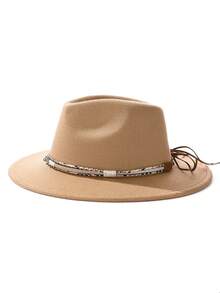 1pc Bohemian Style Faux Leather Decor Felt Fedora Hat, Soft Brim, Unisex Fashion For Work And Commute, Suitable For Autumn And Winter