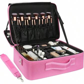 Large Makeup Travel Makeup Train Professional Makeup Artist Bag Portable Nail Organizer Box Art Supply With Adjustable DividersAttach To TrolleyShoulder Strap Black