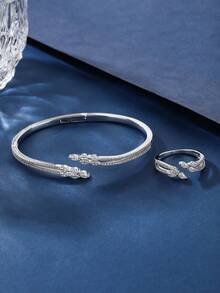 Set de joyería de 2 piezas con brazalete y anillo ajustables de cobre, con circonita cúbica, de moda y encantador, adecuado para que las mujeres lo usen a diario o en días festivos