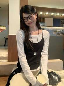 女士休闲二合一长袖 T 恤，修身系带初秋汗衫 - 黑與白 - 查看 5