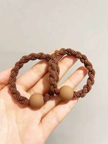 5pcs Coffee-Colored Thick Knitted Pom Pom Elastic Hair Ties, Casual & Versatile, Suitable For Autumn/Winter ,Ponytail Holders ,Hair Elastics ,Hair Rubber Bands ,Scrunchies ,Hair Rope ,Makeup