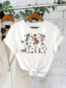 Women's 220g pure cotton multi-color T-shirt with Mexican themed dancing skeleton pattern, soft and breathable short sleeved T-shirt for all seasons, Y2K millennium style, strong Halloween, Day of the Dead, Thanksgiving, Christmas, street fashion, popular Mexican clothing T-shirt, moisture wicking, machine washable, suitable for sports and outdoor travel, casual wear, celebration parties, holiday costumes and beach vacations, women's first choice for gifts! - Blanco - Ver 1