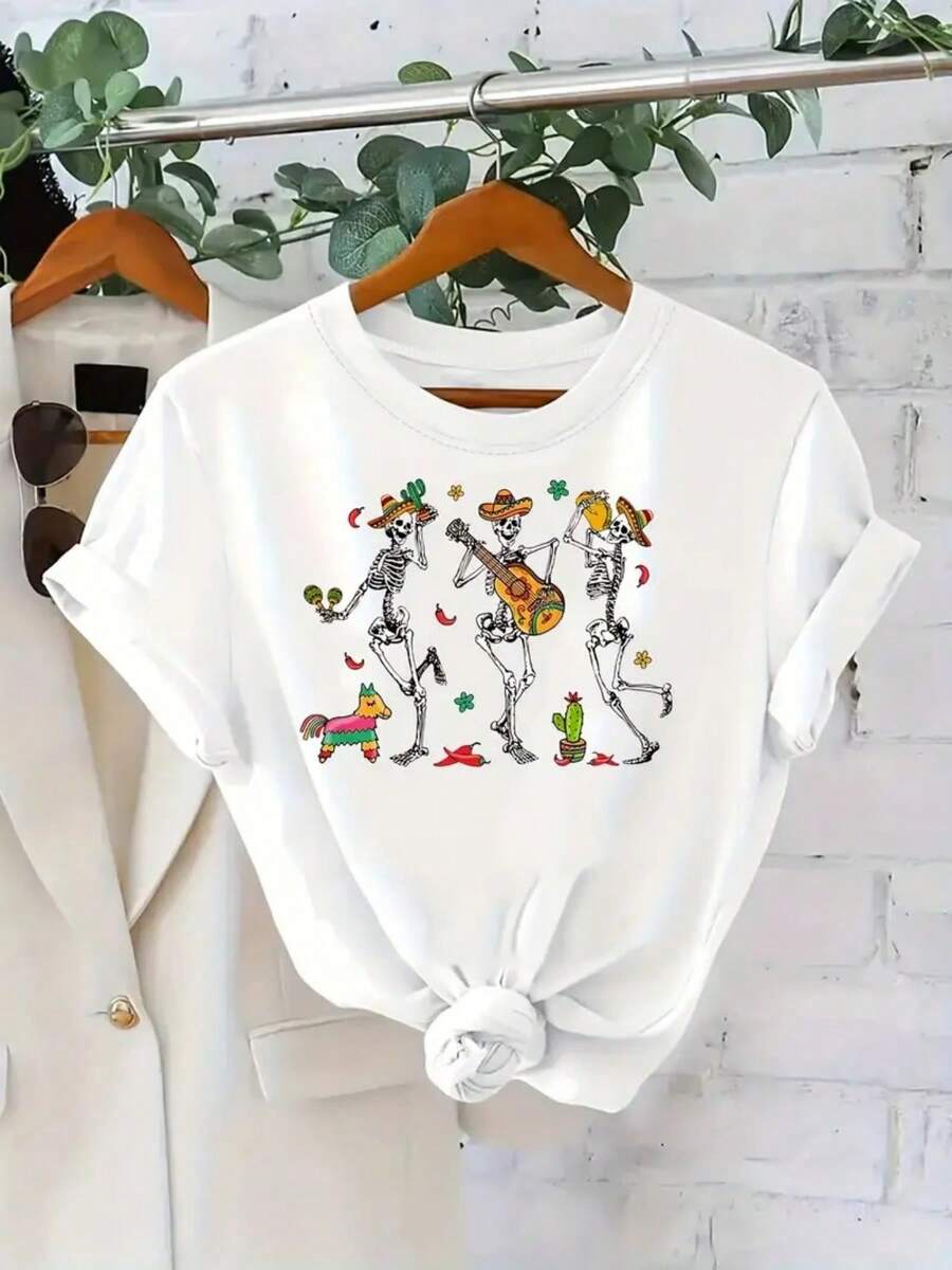 Women's 220g pure cotton multi-color T-shirt with Mexican themed dancing skeleton pattern, soft and breathable short sleeved T-shirt for all seasons, Y2K millennium style, strong Halloween, Day of the Dead, Thanksgiving, Christmas, street fashion, popular Mexican clothing T-shirt, moisture wicking, machine washable, suitable for sports and outdoor travel, casual wear, celebration parties, holiday costumes and beach vacations, women's first choice for gifts! - Blanco - Ver 1