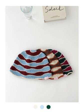 Vintage Striped Hand-Knitted Hat, Autumn/Winter Dopamine Colorful Hollow Out Bucket Hat For Women, Oversized Deep Crown Small Face, Retro Knitted Knitted Cap, Versatile & Warm Fuzzy Bucket Hat