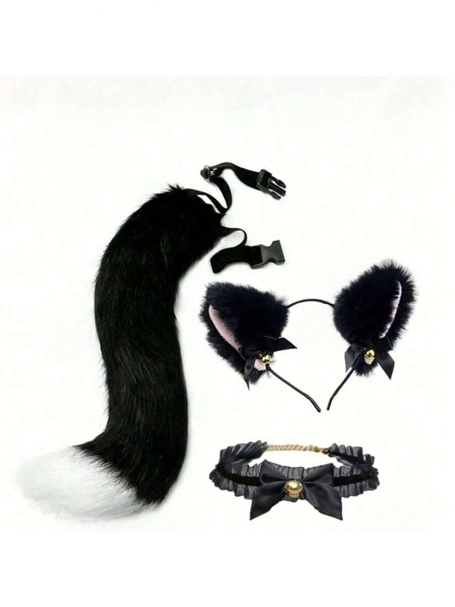 1 Set Party Performance Plush Fox/Wolf Tail, Handmade Cute Anime Furry Tail With Headband, Lace Bell Bracelet, Lace Bell Necklace, Bell Headband. Handmade Cute Anime Furry Cat Tail Set With Headband, Costume Props For Party, Stage