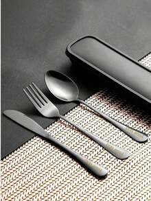 1 Set Customized Laser Engraved Stainless Steel Cutlery Set, Black/Silver/Iridescent Electroplated Finish, Durable, Elegant, Reusable, High-Quality, Suitable For Adults And Kids, Great For School, Home, Picnic, Office Meals, Ideal Gift For Boys, Girls, Classmates, Husband, Wife