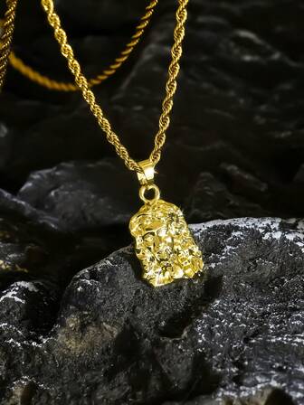 1pc 18K Gold Plated European & American Unisex 3D Jesus Head Pendant Necklace, Gold Tone Male Portrait Hip Hop Tag