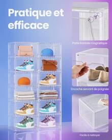 SONGMICS Boîtes à Chaussures Lot de 8, Rangement pour Chaussures, en Plastique, avec Porte, Empilable, 33 x 28,5 x 19,2 cm, jusqu'à la Pointure 46, Blanc Transparent - Blanc - Voir 5