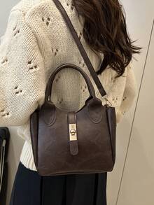 女士新款纯色 PU 时尚妈妈手提包百搭斜挎包复古手提包 - 咖啡 - 查看 3
