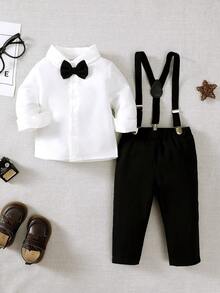 BrownBark 男婴绅士风格服装，休闲长袖衬衫和吊带裤套装，适合春秋季节、生日派对、晚会、表演、婚礼、1 岁生日庆祝、日常穿着 - 白色 - 查看 3