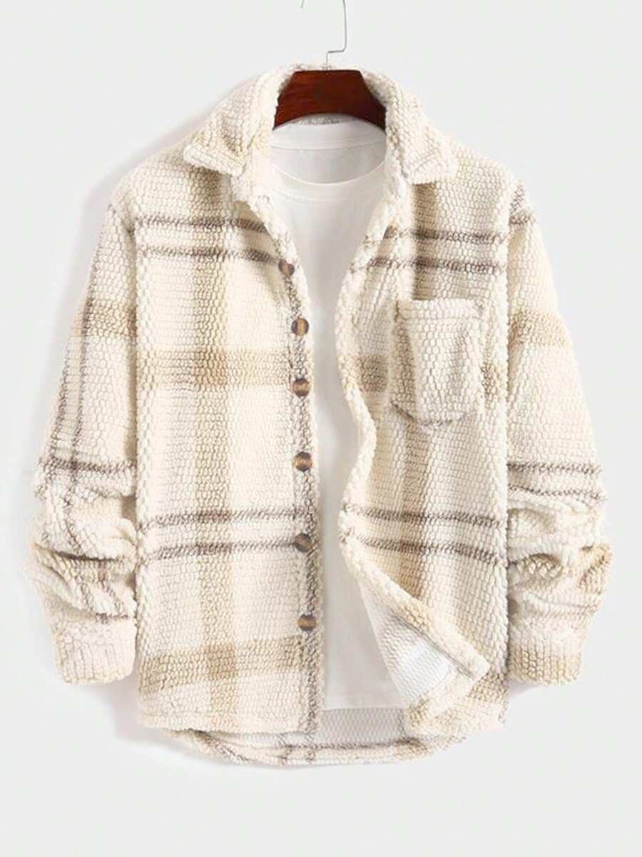 格子毛绒衬衫外套，休闲针织衫，家居服，情侣装，秋冬