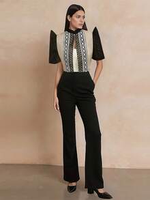 Amyenjoylife 现代菲律宾风情上衣，蝴蝶袖菲律宾风情上衣，女士优雅拼接泡泡袖开衫外套，菲律宾风情短款上衣，菲律宾风情上衣，黑色上衣 - 黑色 - 查看 3