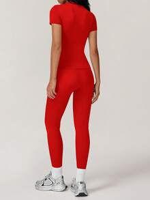 Yefecy 2 件套女式健身运动服套装 - 舒适纯色圆领 T 恤和高腰瑜伽紧身裤，适合跑步的运动健身服，运动夏季运动装 - 紅色 - 查看 5