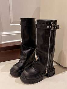 女款厚底增高街頭風靴子 2025新款秋季騎士長靴 中筒靴 棕色復古短靴 - 黑色 - 查看 2