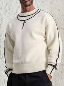 Men's Cross Pattern Crew Neck Long Sleeve Pullover Sweater, Fall/Winter