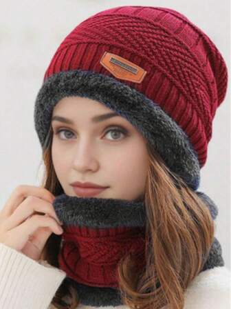 1 Set de gorro y bufanda de punto de unicolor para mujer, gorro de punto grueso y bufanda resistente al viento, suave y cómodo, set versátil a prueba de frío con pompón, ropa de invierno para mujer en otoño/invierno