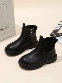 1 par de botas Chelsea negras de talla grande para adolescentes y niños, de cuero suave + parche de malla de punto, punta redonda clásica, cierre con cremallera, suela blanda, de moda y lindas, adecuadas para niños y niñas de 3 a 15 años, para uso diario, casual, escuela, vacaciones, otoño/invierno - Negro - Ver 5