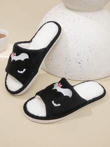 Halloween Mode Fledermaus Design Hausschuhe, lustige Überraschung Hausschuhe für Innenräume, weiche & bequeme offene Zeh Plüsch Hausschuhe für Frauen, leicht & bequeme Hausschuhe