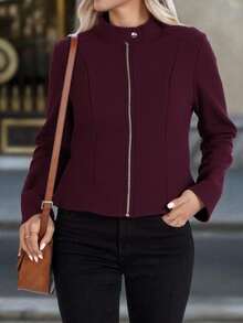 Chamarra invierno dama mujer corte corto tejido polar textura suave caliente calientito botones bolsillos manga larga cuello camisero recto casual día noche festival comida cena calle otoño invierno - Burdeos - Ver 2