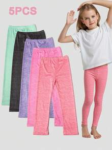 5 Pcs Girls Solid Color Leggings, Comfy Tight Fitting Ankle Length Pants, Suitable For Daily Wear, Spring/Summer - Multicolor - View 15