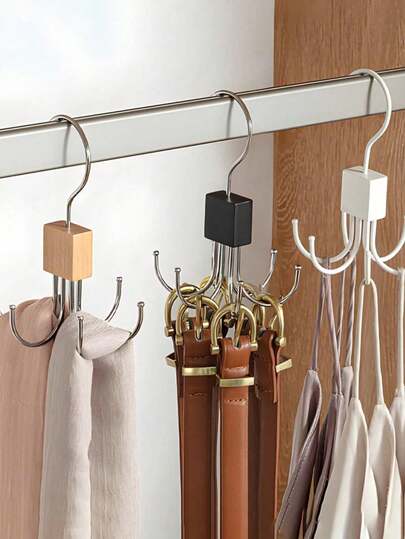 1/2 Large Capacity Multi-Purpose Belt Hooks, Rotatable Wooden Belt Rack Wardrobe Storage Hooks, Suitable For Belts, Bras, Vests, Ties, Scarves, Stainless Steel Hanging Storage Hooks, Fashionable Wardrobe Accessories