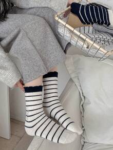 3 pares de calcetines gruesos y cálidos de lana con rayas para mujer, calcetines minimalistas de moda suaves hasta el tobillo, para otoño/invierno