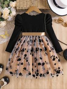 Vestito da ragazza con scollo a V, maniche a palloncino, patch in rete, con cintura, adatto per esibizioni scolastiche, feste di compleanno, uso quotidiano, autunno