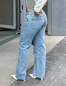 Fashionable Wide-Leg Women's Denim Trousers With A Front Pocket, Straight-Leg Jeans For Women's Autumn And Winter,Women's Front Zipper Jeans, Pocket Casual Simple Daily Wear, Autumn And Winter Clothing, Non Elastic Cotton Fabric, Soft And Comfortable - Rửa nhẹ - Xem 3