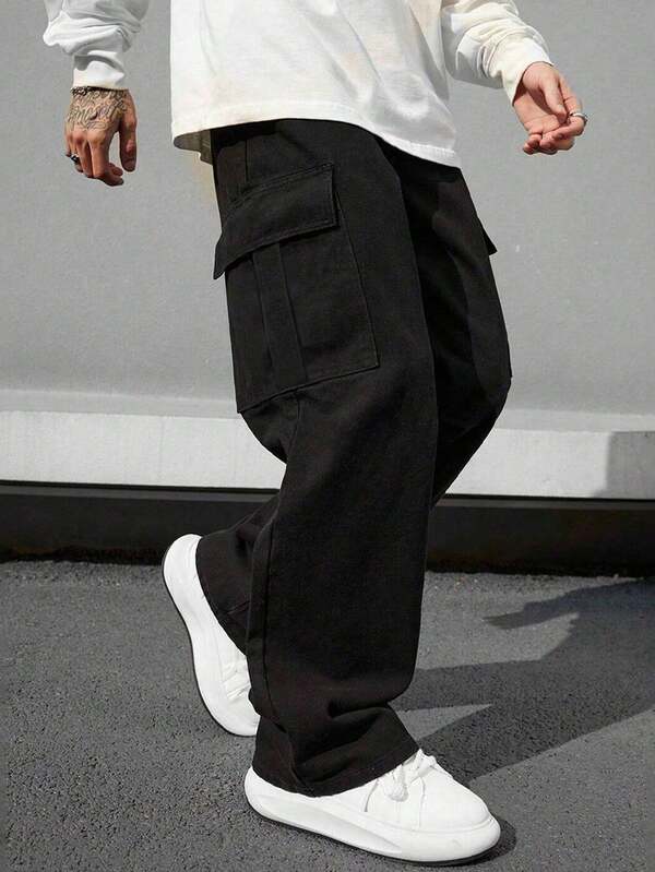 1 pieza Pantalones cargo de unicolor de corte slim con múltiples bolsillos para hombre, adecuados para primavera/verano, playa, vacaciones, uso diario, deportes, exteriores, casual, fitness, running, pantalones rectos, versátiles y de moda, otoño