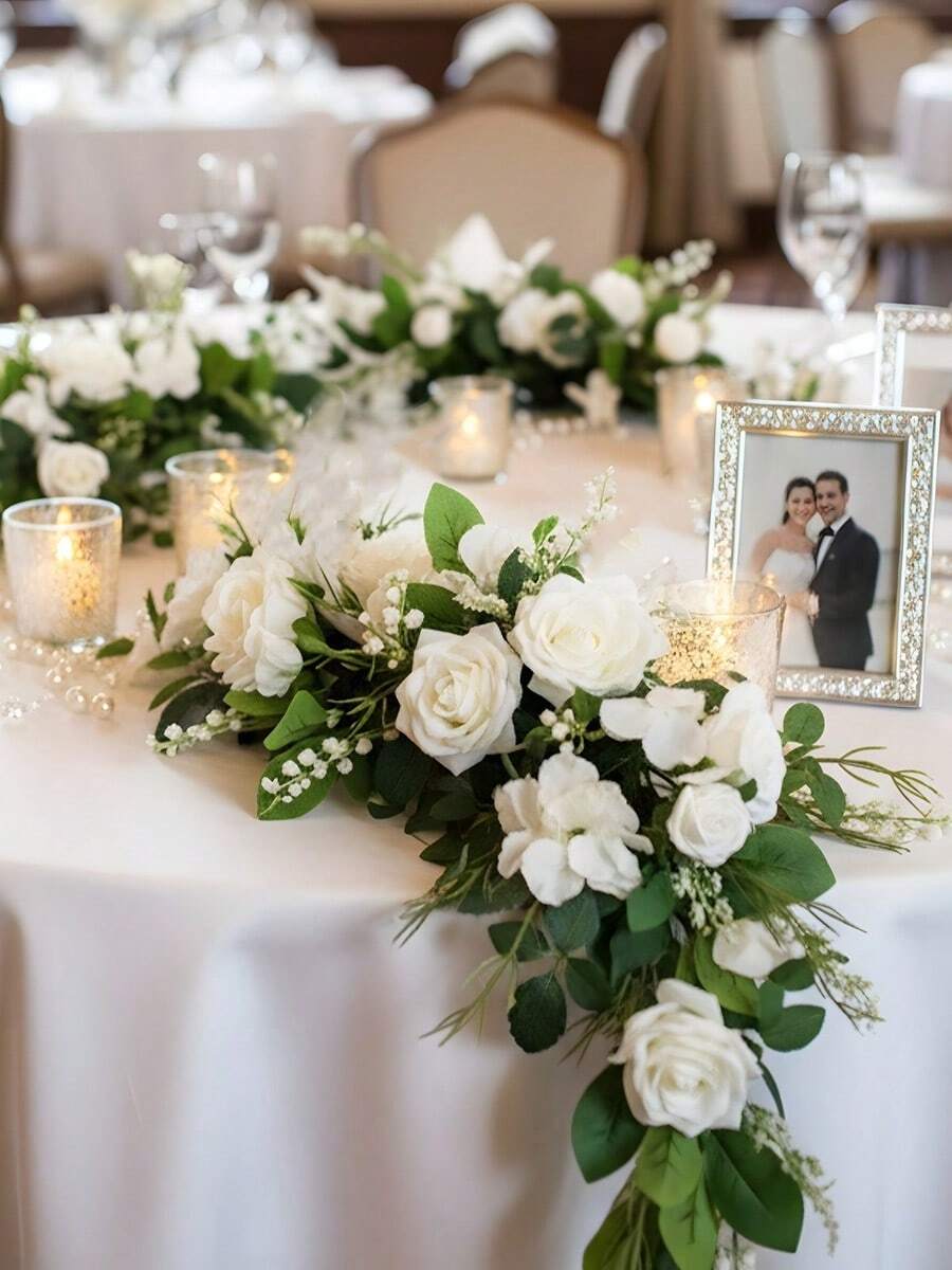2Pack Wedding Garland 2ft Artificial Flowers Garland Lantern Flower Centerpieces Wedding Aisle Decor Chair Flowers Arch Floral For Mantel Signs DIY Table Wall Window Cake Decoration - 白色 - 查看 1