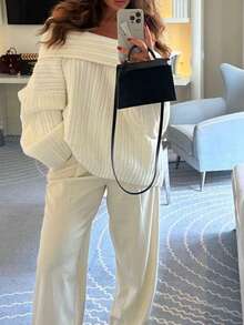 女士时尚纯色罗纹针织毛衣，宽松版型，纯白色，适合秋冬春季穿着 - 杏色 - 查看 9