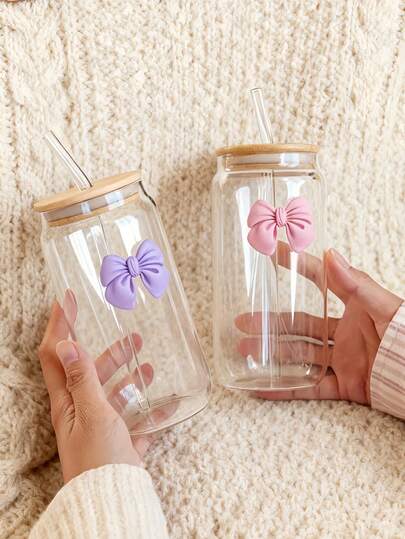 Pink Bow Glass Coffee Straw Cup, Iced Matcha Coffee Straw Cup, Hot Chocolate Straw Cup, Straw Drinking Cup