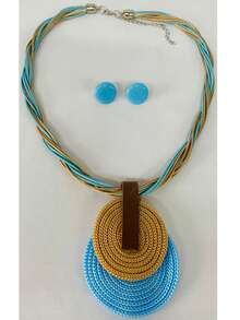 Braided Wire Necklace Set With Double Pendant + Resin Button Earrings – Sophistication In Every Detail. - Baby Blue - View 3