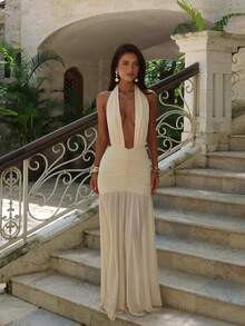 Vestido de playa, cóctel, música y festival con escote profundo en V, parches de malla, espalda descubierta y tirantes de atar para mujer