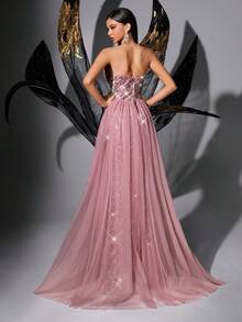 Đầm dạ hội đính sequin thanh lịch dành cho thiếu nữ, phù hợp dự tiệc cưới, tiệc sinh nhật, dạ tiệc, tiệc cocktail, đầm dạ hội không tay màu hồng phối lưới, xẻ tà, ôm sát. - Hồng - Xem 3