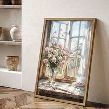 1 pièce Peinture sur canevas suspendue, peinture décorative montée, affiche, peinture murale, peinture à l'huile de rose rose et de rebord de fenêtre, décoration de chambre de fille, peinture murale de fleurs de printemps, décoration de salon esthétique, peinture de fleurs roses, décoration d'arrangement de plantes, décoration de thème de printemps, décoration de maison de printemps. Art mural sur canevas, art de fille funky, art de citation inspirante, décoration intérieure.