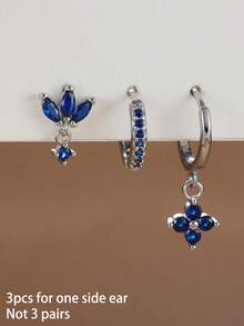 3PCS For One Side Ear Fashion Blue Zirconia Hanging Earrings Set For Women Stainless Steel Flower Dangle Earring Piercing Jewelry ﻿ - Silver-3# - View 3