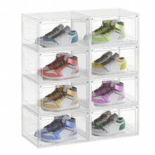 SONGMICS Boîtes à Chaussures Lot de 8, Rangement pour Chaussures, en Plastique, avec Porte, Empilable, 33 x 28,5 x 19,2 cm, jusqu'à la Pointure 46, Blanc Transparent - Blanc - Voir 8
