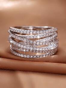 1 chiếc nhẫn Cubic Zirconia thiết kế chéo bản rộng lấp lánh chất lượng cao sang trọng, quà tặng trang sức tinh tế cho bạn gái, vợ, mẹ, ngày kỷ niệm, ngày lễ tình nhân, đám cưới - Bạc - Xem 2