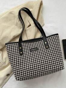 1 件大容量简约千鸟格铆钉装饰女士手提包 - 黑色 - 查看 4