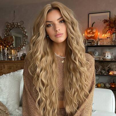 PIAOYUN Halloween Kostüm Perücke kombiniert mit langen welligen lockigen Haaren, Blonde Damen Perücke aus natürlichem und synthetischem Material, hitzebeständig für täglichen Gebrauch und Partys