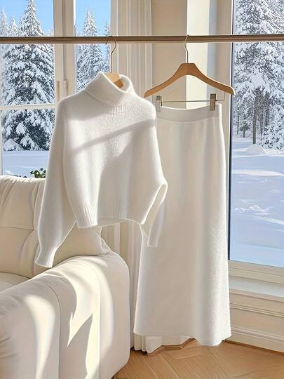 Ensemble pull tricoté décontracté pour femmes, grande taille, pull oversize à col montant et jupe longue, couleur unie, convient pour les vacances, le bureau, les sorties, l'aéroport, le thé, l'automne/hiver